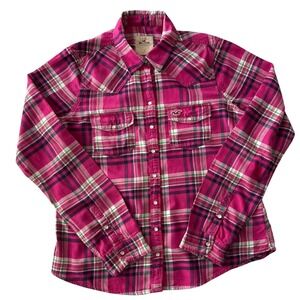 Hollister Girls Trending Plaid Western Shirt‎ Long Sleeve Pink Green L
